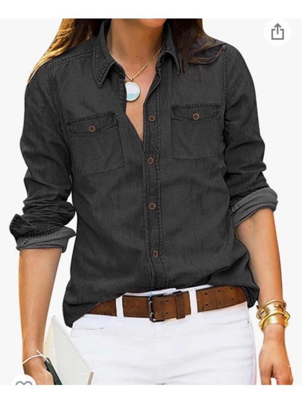 Ladies XS Slim Fit Black Snap Shirt Chambray Long Sleev American Eagle NWT $44
